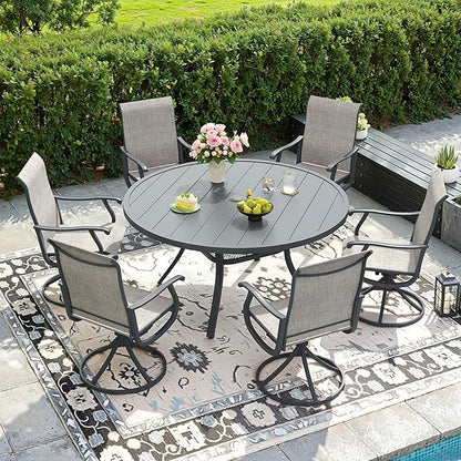 DIFY 7 Pieces Outdoor Patio Dining Set, 6 Grey Textilene Swivel Dining Chairs and 47.2" Grey Round Dining Table, Metal Outdoor Table and Chairs