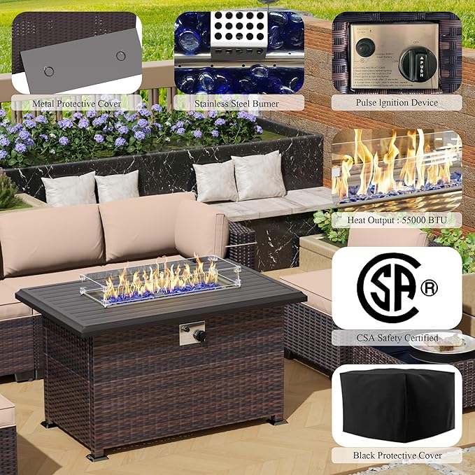 Outdoor Patio Furniture Sets with Propane Fire Pit Table, 10 Pieces Outdoor Furniture Patio Sectional Sofa Conversation Set w/ETL Approved 43" Gas Outdoor Fire Table & Coffee Table Brown.