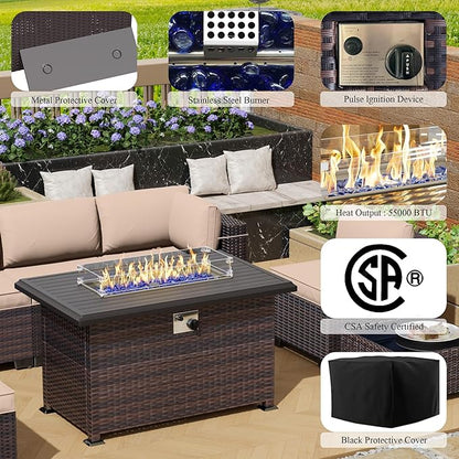 Outdoor Patio Furniture Sets with Propane Fire Pit Table, 10 Pieces Outdoor Furniture Patio Sectional Sofa Conversation Set w/ETL Approved 43" Gas Outdoor Fire Table & Coffee Table Brown.