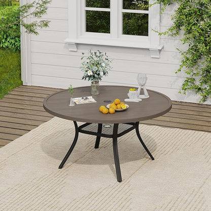 VICLLAX Outdoor Patio Round Dining Table, 47"x 47" Metal Slatted Round Tabletop with Adjustable Umbrella Hole for Deck Lawn Garden Backyard, Antique Grey