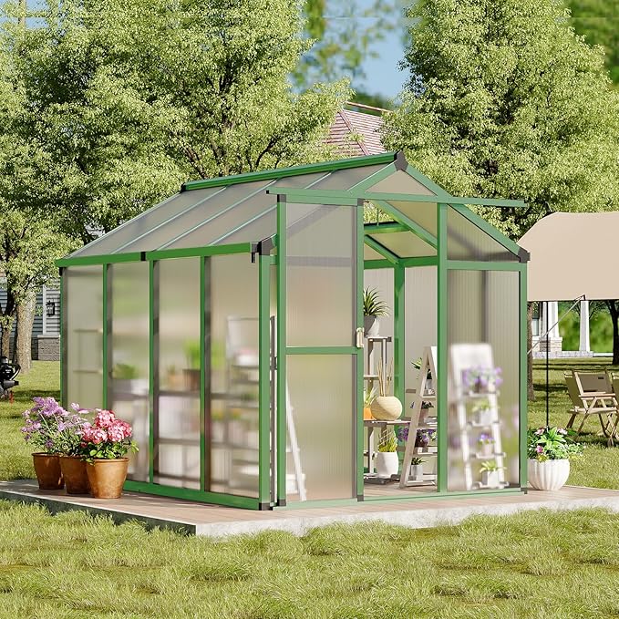 6x8 FT Greenhouse, Greenhouse for Outdoors, Polycarbonate Greenhouses with Quick Setup, Aluminum Frame and Roof Vent, Lockable Door for Backyard, Green Houses for Outside Garden Backyard, Patio