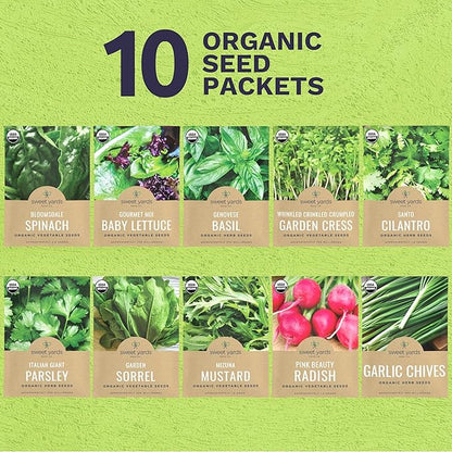 Organic Window Sill Seeds Variety Pack - 10 Individual Packs - 2025 Season - Basil, Cilantro, Pink Beauty Radish and More! for Indoor & Outdoor Planting (Non-GMO, Certified Organic)