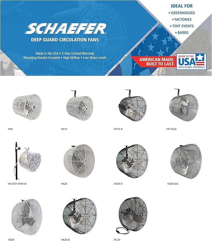 Schaefer VK24 Versa-Kool Deep Guard Greenhouse Air Circulation Fan - 24”HAF Wall Mount Fan w/T-shape Mount - Made in USA - 1/2 HP, 7860CFM - White
