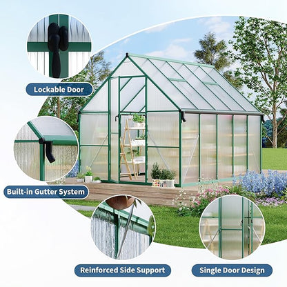 8X10 ft Polycarbonate Greenhouse with Aluminum Frame, Polycarbonate Greenhouse for Outdoors, Greenhouses with Ventilation and Rain Gutter, Aluminum Large Walk-in Greenhouses for Outside