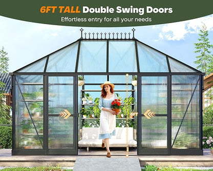14×9.7×10 FT Outdoor Polycarbonate Greenhouse with 6 ft Double Swing Door & 2 Vents, Heavy Duty Green House with Aluminum Frame for Outside Patio Backyard Garden