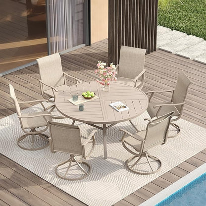 VICLLAX 7 Pieces Patio Dining Set for 6, Outdoor Furniture Set Includes 53" Outdoor Round Table and 6 Patio Swivel Chairs for Lawn Garden, Sandshell Color Tabletop and Fabric