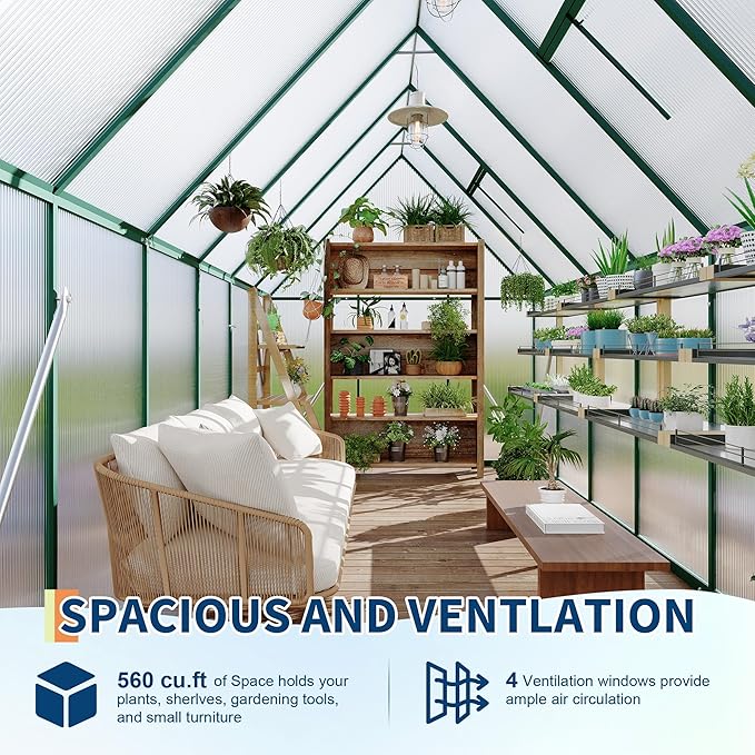 6X11 ft Polycarbonate Greenhouse with Aluminum Frame, Polycarbonate Greenhouse for Outdoors, Greenhouses with Ventilation, Aluminum Large Walk-in Greenhouses for Outside