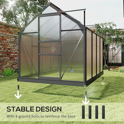 Outsunny 6' x 8' Greenhouse for Outdoors, Polycarbonate Greenhouse with Rain Gutter and Roof Vent, Aluminum Walk-in Green Houses for Outside for Patio Backyard Garden, Gray