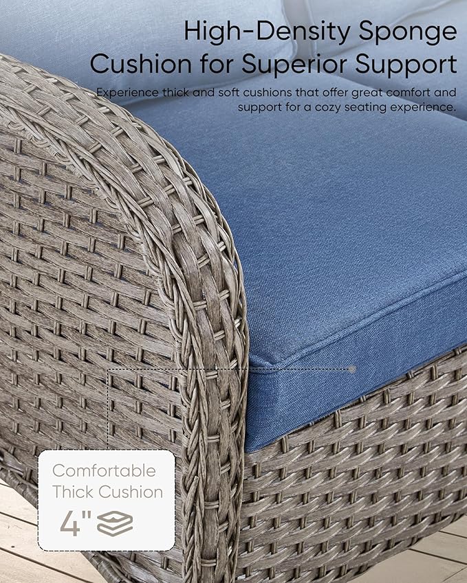 HUMMUH 7 Pieces Outdoor Furniture Set-All Weather Wicker Rattan Couch with Outdoor Rocking Chair Patio Furniture for Deck Lawn Porch Balcony Poolside-Grey/Blue