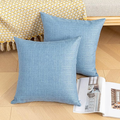 Kevin Textile Pack of 2 Decorative Outdoor Waterproof Pillow Covers Checkered Garden Cushion Sham Throw Pillowcase Shell for Patio Tent Couch 16x16 Inch Light Blue