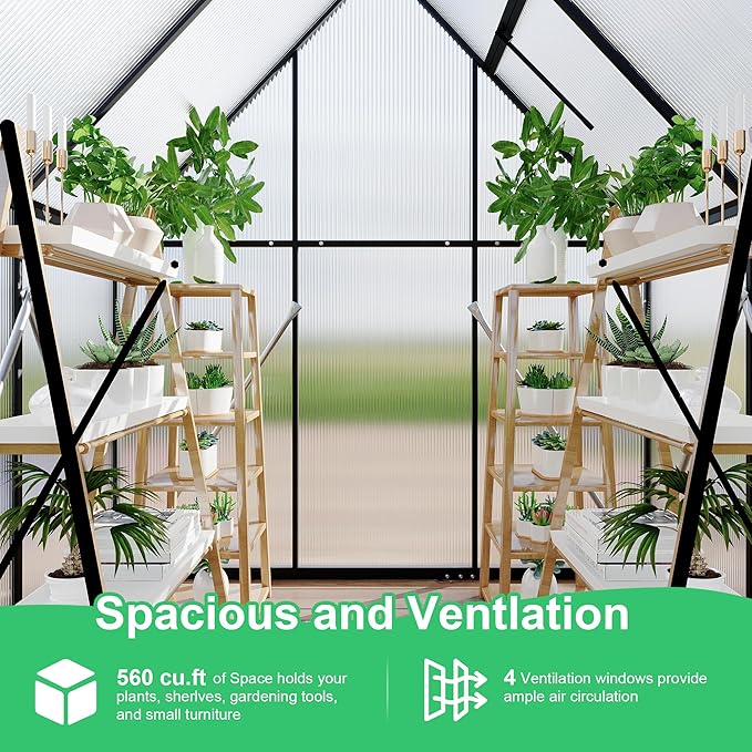 6'x4' Aluminum-Framed Polycarbonate Greenhouse, Heavy Duty Polycarbonate Greenhouse with Quick Setup Structure and Roof Vent, Large Enhanced Aluminum GreenhouseKit for Outdoors