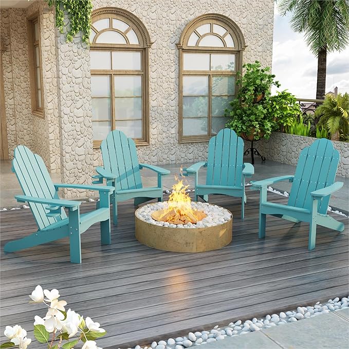 LUE BONA HDPS Adirondack Chairs Set of 2, Fire Pit Outdoor Chair Weather Resistant with Cup Holder, Modern Plastic Chair Plastic for Patio, Deck, Proch, 350LBS, Blue Turquoise