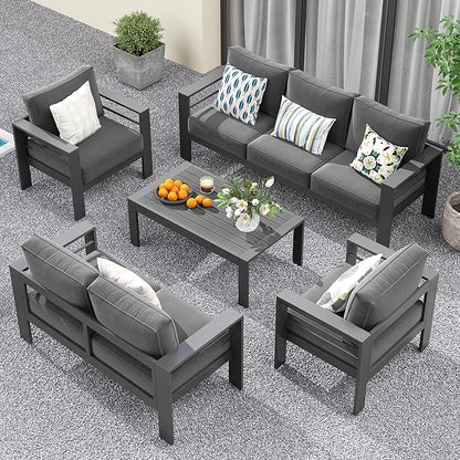 Solaste Aluminum Patio Furniture Set for All Weather, Oversized Metal Outdoor Furniture Set with 27.5" Deep Seating and 3.2" Wide Armrest, Outdoor Patio Conversation Sets with 5" Cushion, Dark Grey