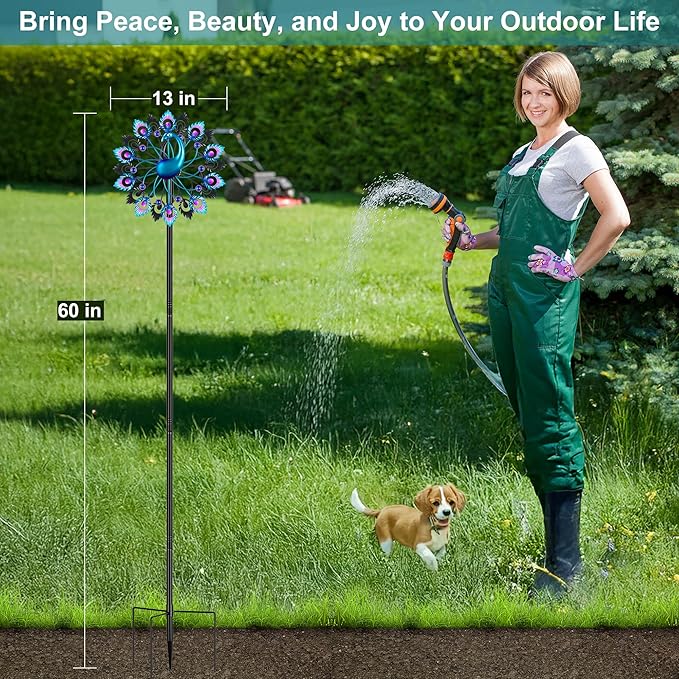 Wind Spinners Garden Decor for Outside, 13 Inches 360°Peacocks Windmill for Yard Decorations Outdoor, Metal Yard Art Wind Sculptures Garden Gifts for Women, Backyard, Patio, Lawn Ornament