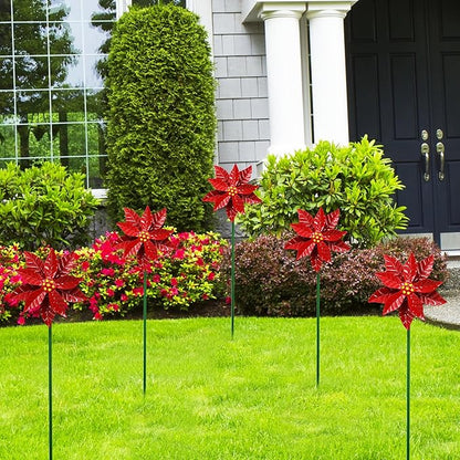 Metal Flower Wind Spinner Garden Lawn Stakes Yard Art, 27 Inch Poinsettia Windmill Iron Handicraft Lawn Decorations, 5 Pieces Christmas Star Stake Outside Garden Decorations for Metal Yard Art