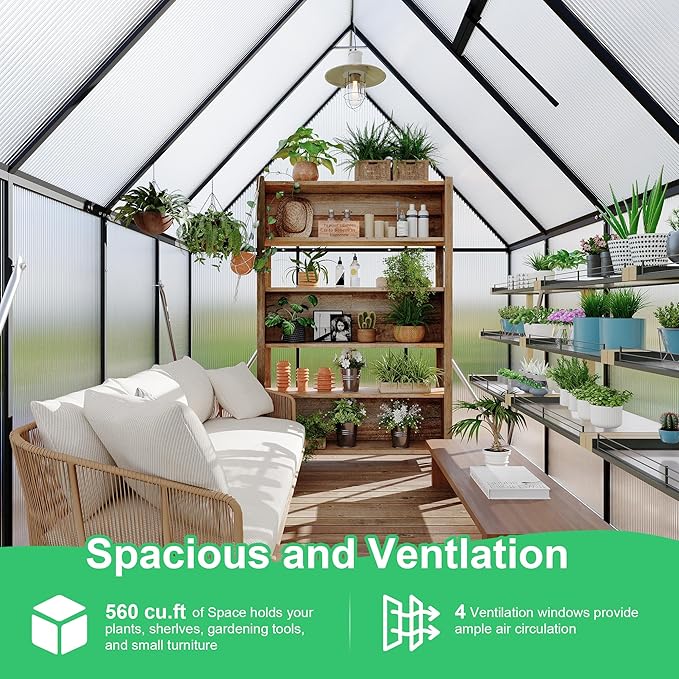 6 ft x7 ft Aluminum-Framed Polycarbonate Greenhouse, Heavy Duty Polycarbonate Greenhouse with Quick Setup Structure and Roof Vent, Large Enhanced Aluminum Green House Kit for Outdoors