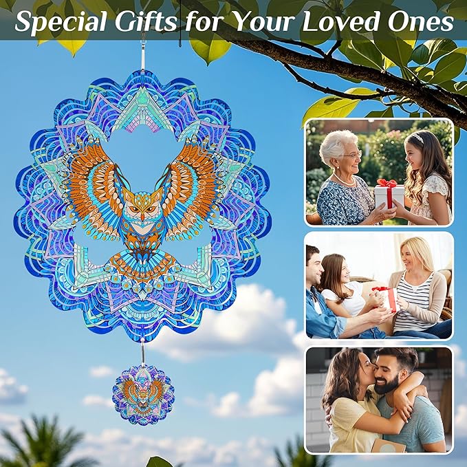 Hanging Wind Spinners Outdoor - Owl Gifts for Mom Dad Grandma, 11.5 Inch 3D Metal Birds Wind Catcher Art Garden Kinetic Wind Sculptures & Spinners for Garden Yard Porch Decor