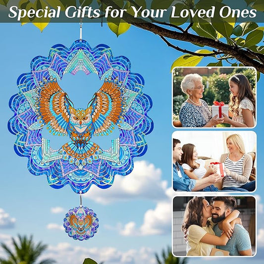 Hanging Wind Spinners Outdoor - Owl Gifts for Mom Dad Grandma, 11.5 Inch 3D Metal Birds Wind Catcher Art Garden Kinetic Wind Sculptures & Spinners for Garden Yard Porch Decor