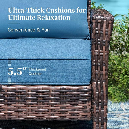 Patio Furniture Set with Swivel Chairs, High Back Wicker Rattan Furniture with 5.5" Thick Cushions, Fire Pit Table and Ottomans, All Weather Outdoor Conversation Set for Backyard Deck,7 Seats, Blue