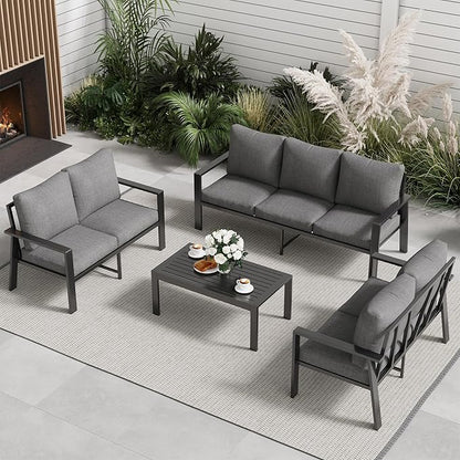 Aluminum Patio Conversation Set with Coffee Table 4PCS Deck Outdoor Furniture 7-Seat All-Weather Rust-Proof Sectional Sofa Set with Removable Cushion for Backyard, Poolside & Small Spaces