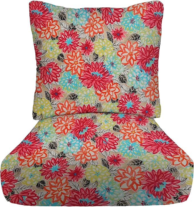 RSH DECOR Deep Seating Cushion with Pillow Back | 25” x 25.5” Seat | Water and Fade-Resistant Spun Fabric | Outdoor Chair Cushion Set for Patio Furniture | Artistic Floral