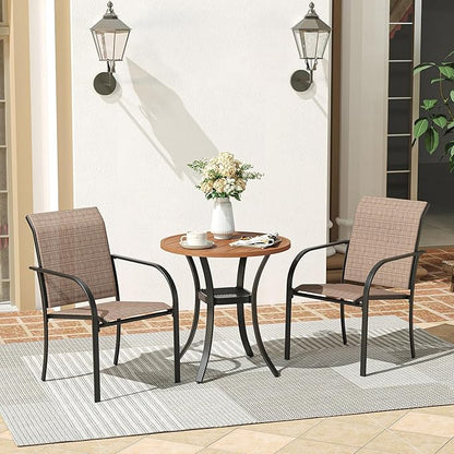 VICLLAX Round Patio Dining Table, Metal Outdoor Bistro Table with Storage Shelf for Balcony Garden Deck, 27.6 Inch Walnut