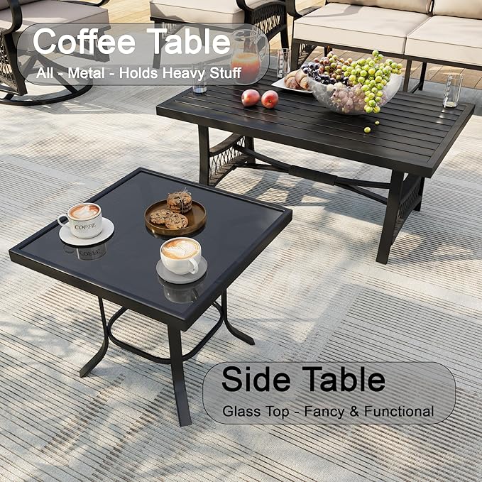 12 Pieces Outdoor Patio Conversation Sets with All Weather Cushions, Metal 3-Seater, 4 Swivel Rockers, 2 Single Chairs, 1 Loveseat, 2 Side Tables, 1 Coffee Table, 1 Fire Pit Table for Backyard, Beige