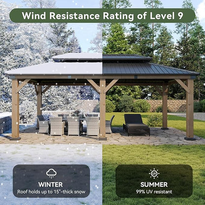 Aoxun 12' x 20' Outdoor Wood Gazebo, Hardtop Gazebo Permanent Wooden Pavilion with Galvanized Steel Double Roof, for Patio, Garden, Backyard, Cedar Wood