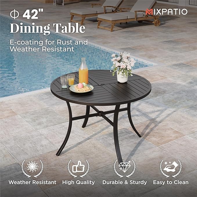 Patio Table and Chairs Set for 4, 5 Pieces Outdoor Dining Set, 4 Red Textilene Chairs and 42" Metal Round Table with Umbrella Hole, for Deck Garden Backyard Lawn Poolside