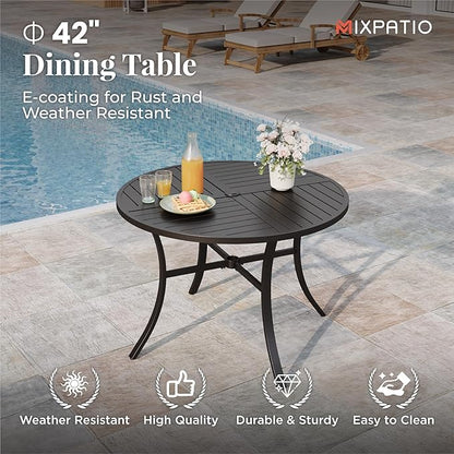 Patio Table and Chairs Set for 4, 5 Pieces Outdoor Dining Set, 4 Red Textilene Chairs and 42" Metal Round Table with Umbrella Hole, for Deck Garden Backyard Lawn Poolside