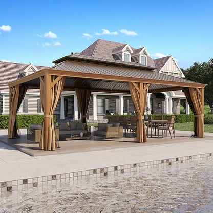 14' X 22' Hardtop Gazebo, Aluminum Wood-Looking Frame Outdoor Permanent Galvanized Steel Double Roof Pavilion Pergola Canopy with Privacy Curtains for Garden, Patio, Backyard, Deck and Lawns.