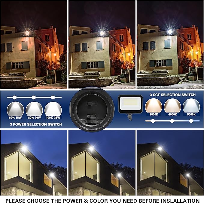 LAMPHOME LED Flood Lights Outdoor 15/20/35W and 3000/4000/5000K Adjustable 3900Lm,Dusk-to-Dawn Sensor o Dawn Flood Light for Yard, Garage, Garden,UL Listed, Includes Knuckle Mount UL Listed