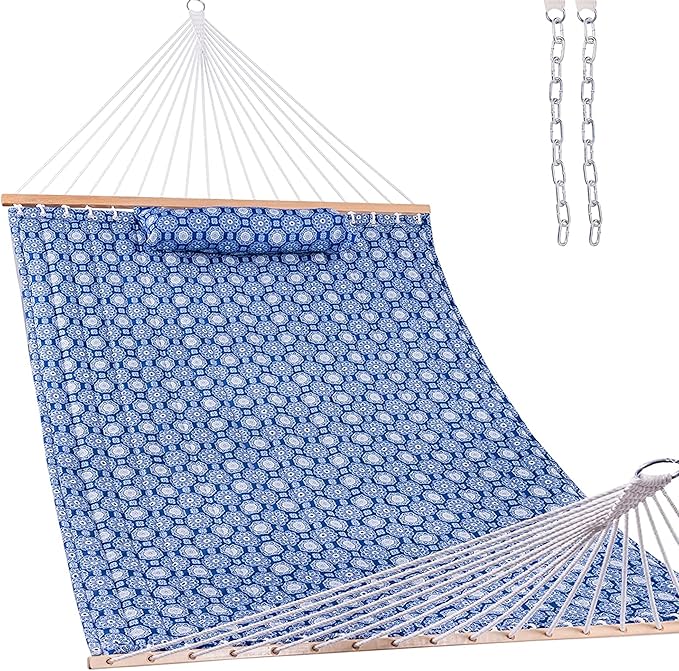 Lazy Daze Hammocks 12FT Quilted Fabric Hammock with Soft Pillow, Double 2 Person Tree Hammock with Spreader Bar for Outdoor Patio Backyard Poolside, 450lbs Weight Capacity, Blue Floral