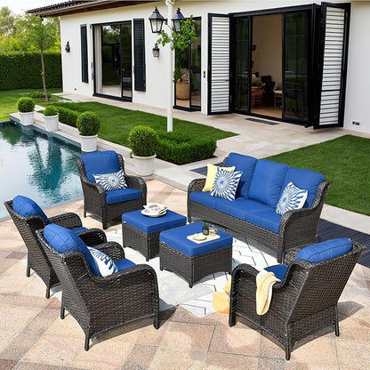 HOOOWOOO Patio Furniture Set,7 Piece Outdoor Furniture Set,Wicker Patio Conversation Couch Chairs Ottoman Set,Navy Blue