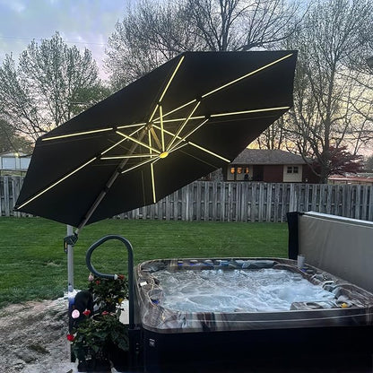 PURPLE LEAF 12ft Solar powered LED Patio Umbrella Outdoor Round Umbrella Large Cantilever Umbrellas with LED lights Windproof Offset Umbrellas Heavy Duty Sun Umbrella for Garden Deck Pool Patio, Grey