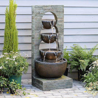 Water Fountain Outdoor Garden Waterfall Large Water Feature Tiered Freestanding Cascade Fountains Bowl Modern Artistry with LED Strip for Patio Yard Deck Home Decor, 43 inches, Brown