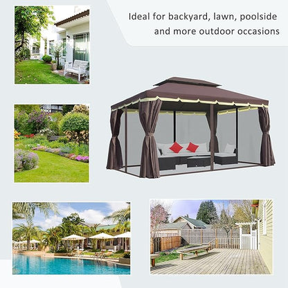 Outsunny 10' x 13' Patio Gazebo, Outdoor Gazebo Canopy Shelter with Netting and Curtains, Aluminum Frame for Garden, Lawn, Backyard and Deck, Coffee