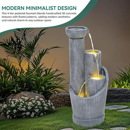 31" Modern Outdoor Water Fountain with LED Lights, 5-Tier Twist Pedestal Bowl Garden Fountain, Cascading Waterfall for Relaxing Garden, Patio, Backyard, Deck, Porch or Home Decor
