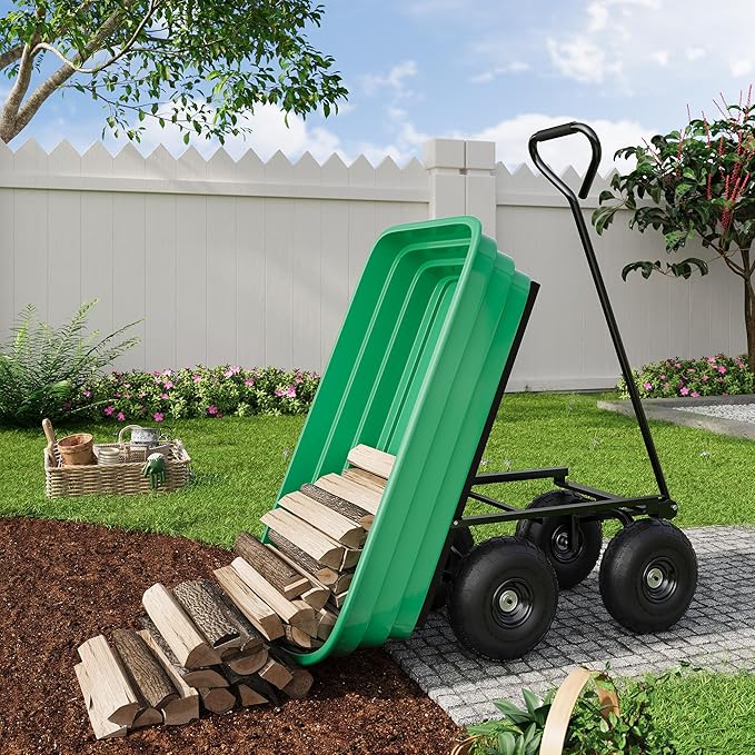 Garden Dump Cart - 600Lb Capacity Heavy Duty Yard Utility Garden Cart with Removable Dump Bed, All-Terrain Tires & 180° Adjustable Handle for Soil, Plants, Tools