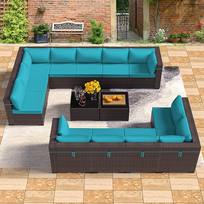 Outdoor Patio Furniture Set, 14 Pieces Outdoor Furniture All Weather Patio Sectional Sofa PE Wicker Modular Conversation Sets with Coffee Table,12 Chairs & Seat Clips(Turquoise Blue)