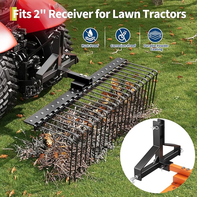 60 in Durable Pine Straw Rake, Steel Spring Landscape Rake Fits 2 in Receiver for Lawn Tractors or ATV/UTV, Black
