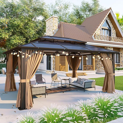 Aoxun 12'x16' Hardtop Gazebo, Aluminum Frame Permanent Pavilion with Curtains and Netting, Outdoor Polycarbonate Double Roof Canopy, and LED Outdoor Waterproof Hanging Lights