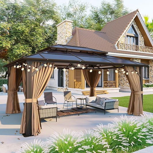 Aoxun 12'x16' Hardtop Gazebo, Aluminum Frame Permanent Pavilion with Curtains and Netting, Outdoor Polycarbonate Double Roof Canopy, and LED Outdoor Waterproof Hanging Lights