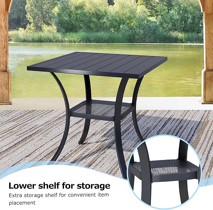 3 Pieces Round Dining Table Set for 2, Patio Dining Set Includes 2 Dark Blue Stackable Patio Chairs and 27.6" Black Metal Square Table, Patio Furniture Sets with Sling Support for Outside, Garden