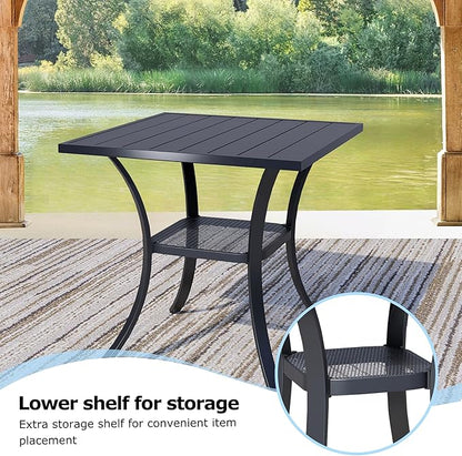 3 Pieces Round Dining Table Set for 2, Patio Dining Set Includes 2 Dark Blue Stackable Patio Chairs and 27.6" Black Metal Square Table, Patio Furniture Sets with Sling Support for Outside, Garden