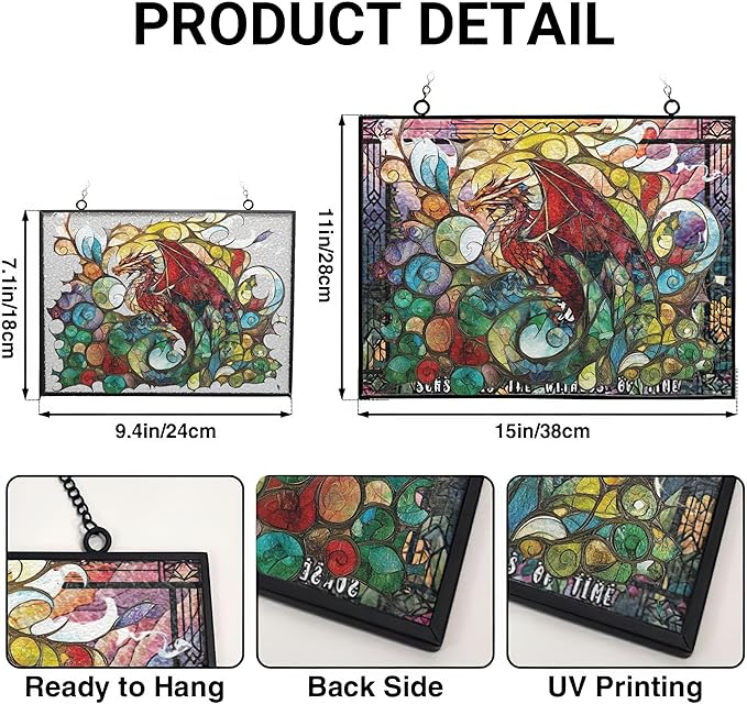 Rectangle Blood Dragon Stained Glass Window Hanging Sun Catcher Halloween Haning Ornament Decoration Christmas Birthday Gifts for Lover, Friends