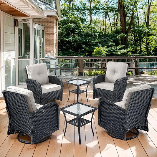 Outdoor Swivel Glider Rocker Chairs Set of 4 - Wicker Patio Furniture Set All Weather Patio Conversatio Sets with 2 Tempered Glass Side Table for Deck Backyard - Black Wicker Beige Cushion