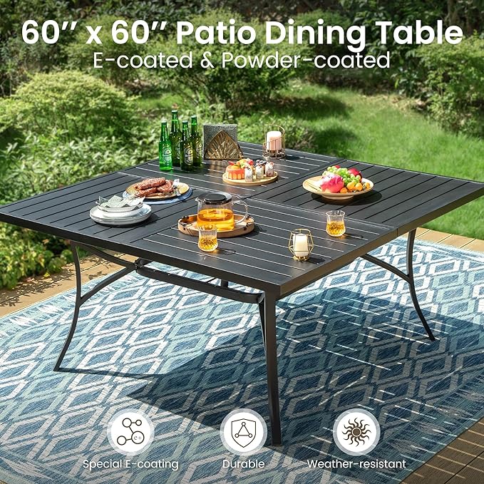PHI VILLA 9 Pieces Square Outdoor Dining Set for 8, 60” Metal Iron Dining Table & Rattan Wicker Chairs with Cushions, Large Dining Furniture Set for Patio, Deck, Yard, Porch
