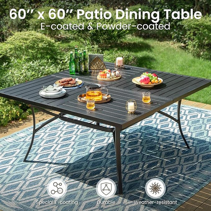 PHI VILLA 9 Pieces Square Outdoor Dining Set for 8, 60” Metal Iron Dining Table & Rattan Wicker Chairs with Cushions, Large Dining Furniture Set for Patio, Deck, Yard, Porch