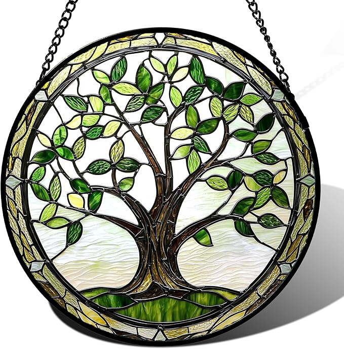 Stained Glass Window Hanging - Brown Tree Trunk Green Leaves Sun Catcher for Door Garden Home Decor Plant Suncatcher Christmas Mother's Day Birthday Gifts for Women Men Mom Nana 9.8 in